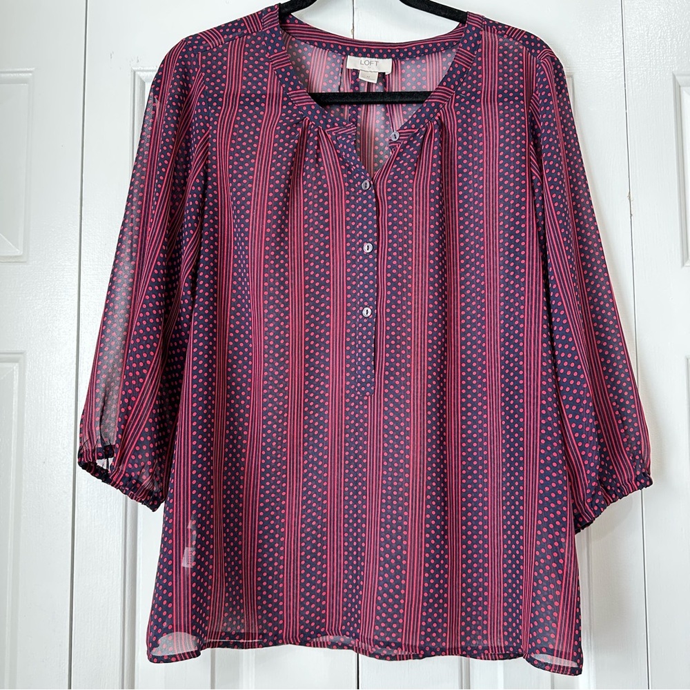 LOFT Sheer Popover Blouse w/ 3/4 sleeves Blue & Red size Medium